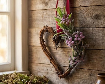 Mini corona rústica en forma de corazón con flores artificiales – Decoración colgante hecha a mano – Decoración de pared estilo cabaña