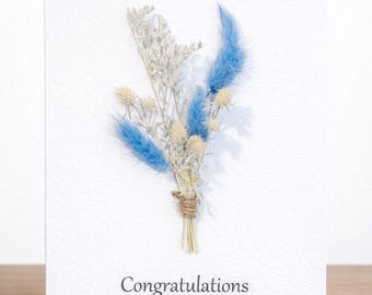 Tarjeta personalizada para bebé niño, ramo de flores secas, tarjeta de felicitación hecha a mano.
