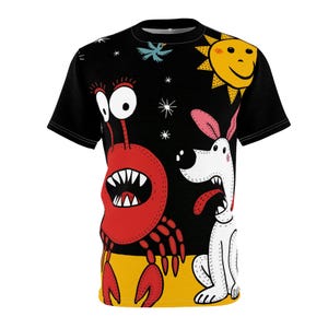 Cangrejo y perro de dibujos animados caprichosos, camiseta gráfica divertida, camiseta de verano divertida, regalo perfecto para cumpleaños, regalo para él, regalo para ella