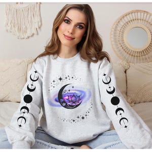 Crescent moon sweatshirt, celestial shirt gift, mystical moon phase shirt, moon crescent, moon phase crewneck,  witchy pagan moon hoodie