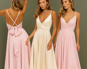 Vestido midi cruzado de satén: elegante vestido con tirantes finos, para invitada de boda y dama de honor.