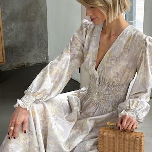 Linen Tencel Maxi Dress for Women Long Summer Floral Dress with Sleeves Elegant Garden Party Dress Lightweight Resort Vacation Outfit