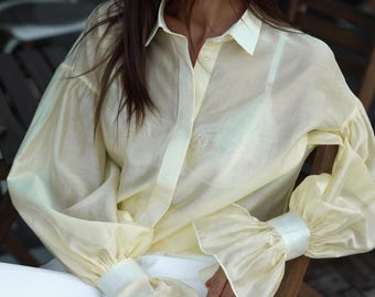 Vanilla Tencel Blouse - Women’s Puffy Sleeve Button Up Shirt