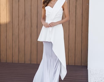 White Two-Piece Dress: Sheer Skirt & Shorts, Bridal Bridesmaid Outfit