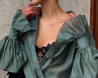 Tencel Oversized Blouse: Green Long Sleeve Button Up Shirt For Women