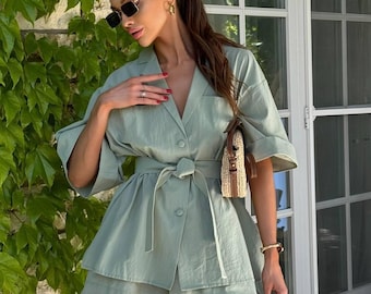 Cotton Two Piece Set: Oversized Shirt & Shorts - Summer Lounge Outfit