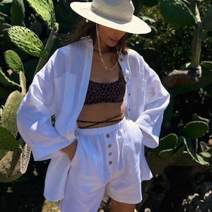 Linen Two Piece Set Women Oversized Shirt and High Waist Shorts Summer Beach Outfit Vacation Co-ord Set Lightweight Loungewear Khaki White
