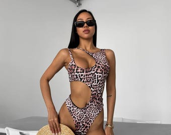 Leopard One Piece Swimsuit Cut Out Monokini Animal Print Bathing Suit Women Swimwear