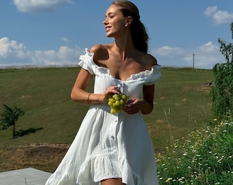 Off-Shoulder Cotton Muslin Dress: Ruffle Hem, Floral Print