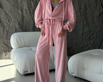 Conjunto de chándal de terciopelo rosa: ropa de estar por casa de pierna ancha para mujer