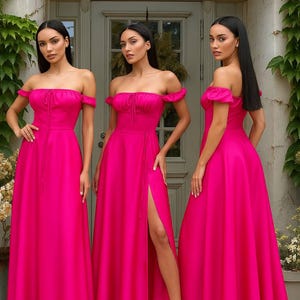 Bridesmaid Dress Off Shoulder Satin Gown with Slit Wedding Guest Dress for Summer Elegant Long Dress for Bridal Party Prom or Formal Event
