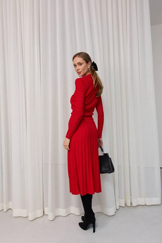 red knit dress long sleeve Women's V Neck Wrap Sweater Cable Bodycon Mini Party Dress Casual Solid Color Pullover Jumper (X-Large,Red) : Clothing, Shoes & Jewelry With its rich hue Red Mock Neck Ribbed Long