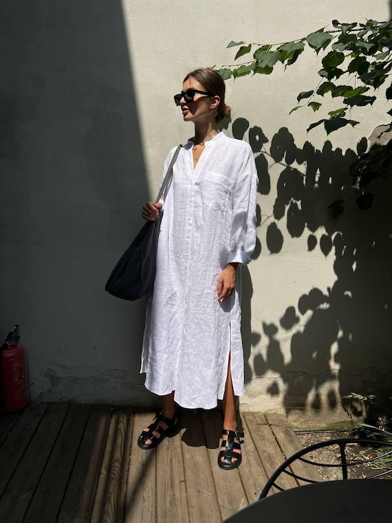 linen shirt dress beach Oversized Linen Shirt Dress: Relaxed Fit Beach Cover Up