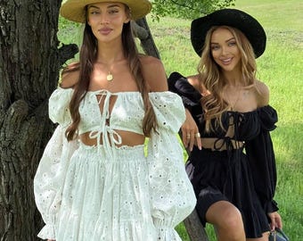 Black Cotton Two-Piece Set: Boho Crop Top & Ruffle Mini Skirt