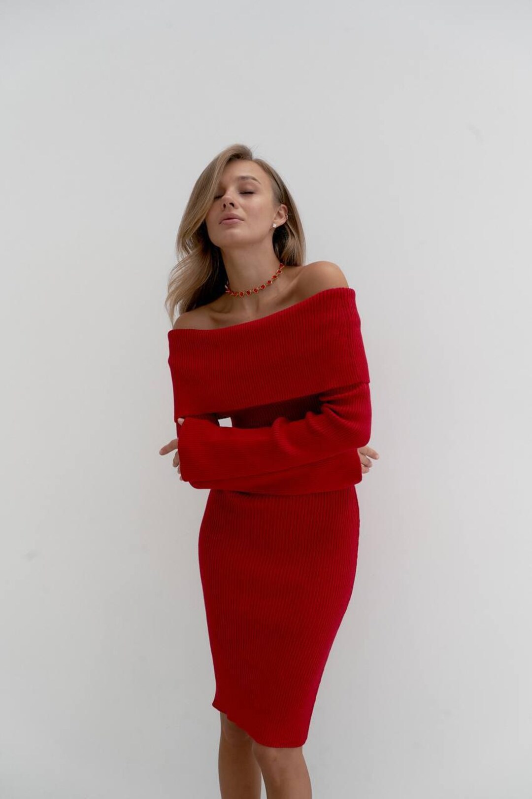off the shoulder red sweater dress FALL IN LOVE AGAIN Spandex/Nylon. MUSERA Red Knit Off The