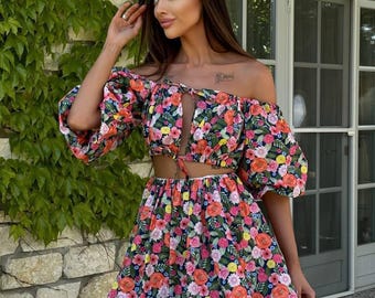 Boho Cotton Two Piece Set for Women Puff Sleeve Top and Mini Skirt for Bachelorette Party Brunch birthday or summer Girls Trip