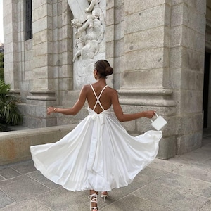 Satin Midi Dress with Open Back Second Wedding Dress Bridal Reception Dress Elegant White Dress for Bride Engagement or Bridal Shower Outfit
