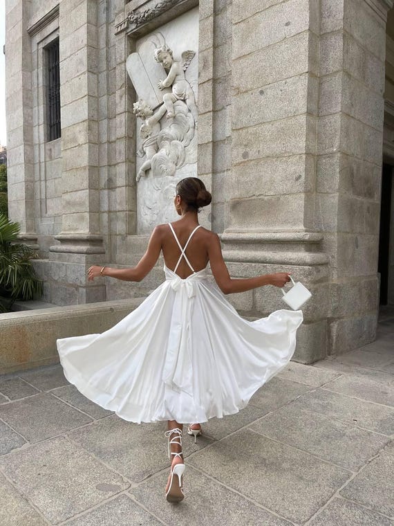 Satin Midi Dress: Elegant Open Back Bridal Reception Outfit - Etsy Israel