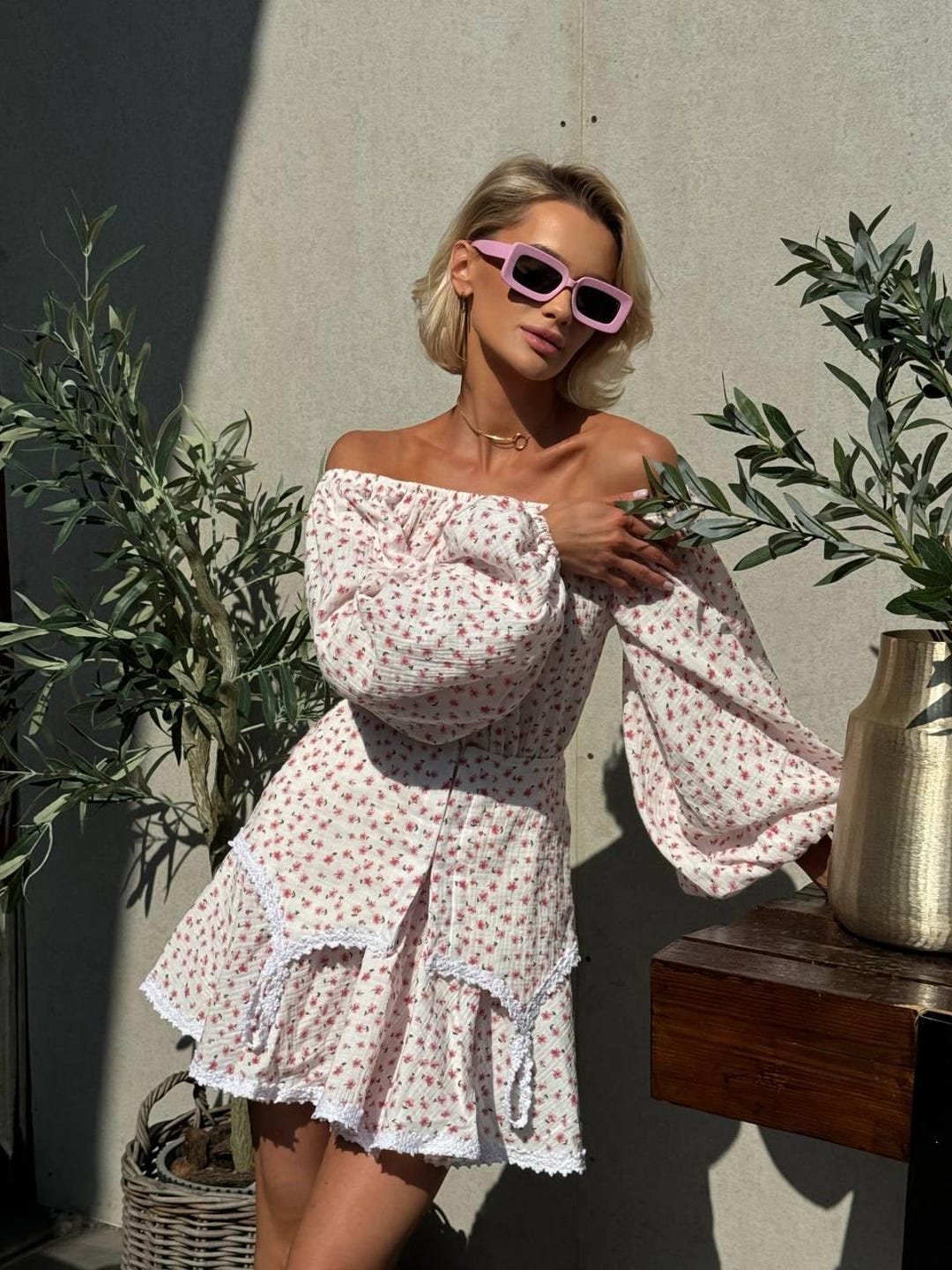 Boho Off Shoulder Muslin Dress: Floral Print, Lace Peplum