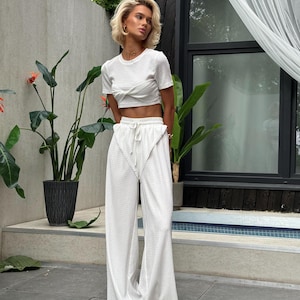 Two Piece Knit Lounge Set Summer Crop Top and Wide Leg Pants for Women Lightweight Vacation Outfit or Casual Streetwear White Summer Set