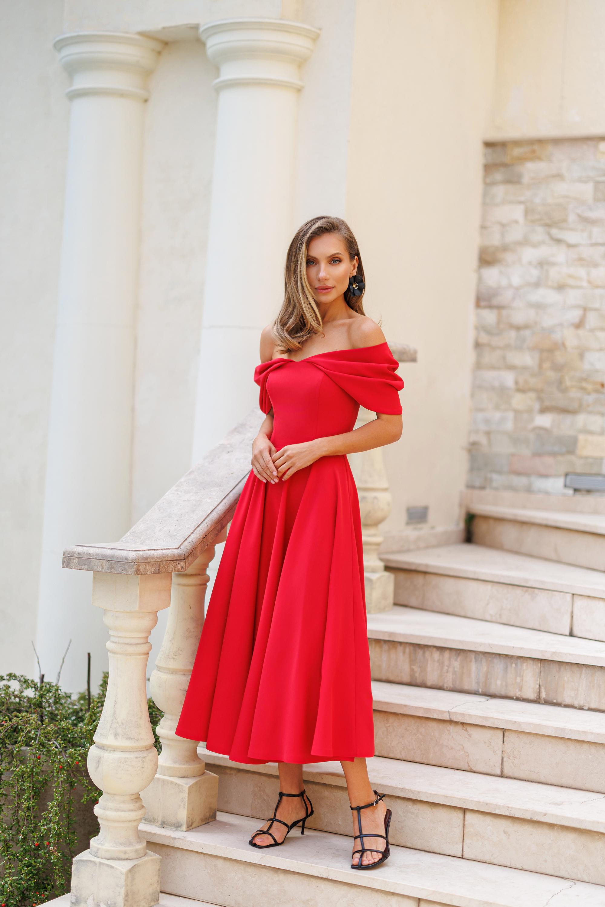 Red Off-The-Shoulder Draped Sleeve Midi Dress - Red / XS Red Off-The-Shoulder Draped Sleeve Midi Dress - Red / XS