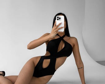 Black One Piece Swimsuit Cut Out Monokini Asymmetric Women Swimwear Beach
