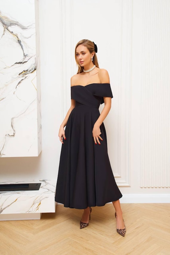 off shoulder midi dress wedding guest Bridal off Shoulder Midi Dress: White Crepe Diagonal Wedding Guest  Bridesmaid Outfit