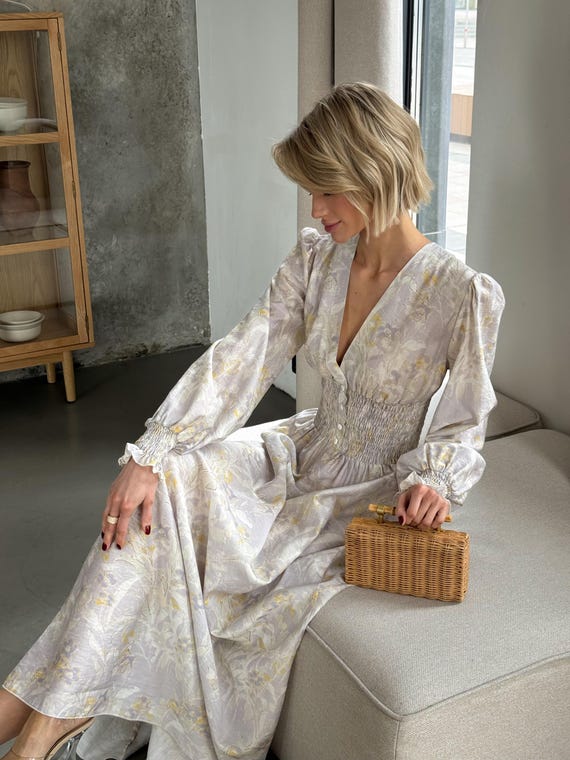 Linen Tencel Maxi Dress: Floral Long Sleeve Smocked Waist