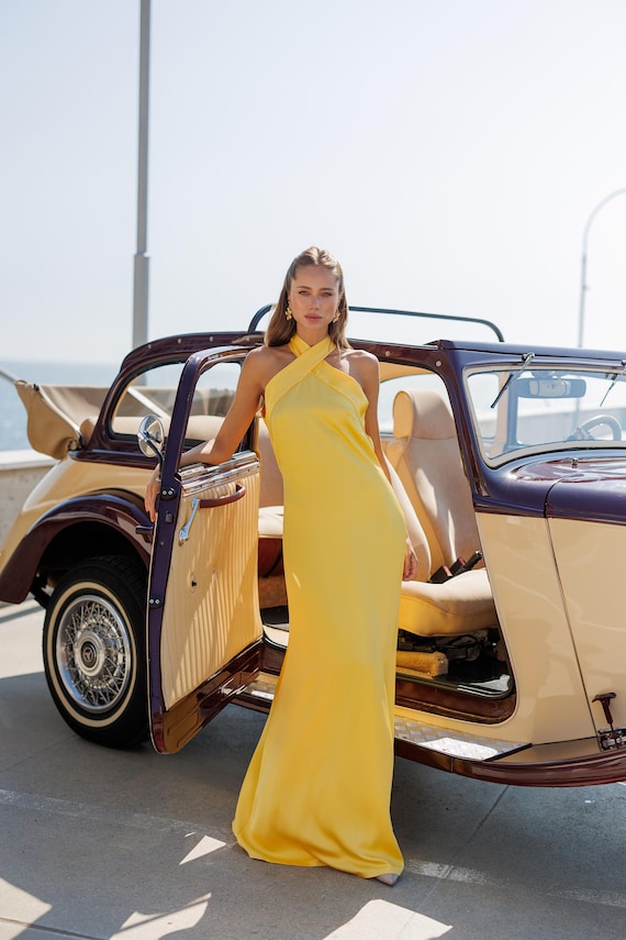 Yellow Satin Halter Gown: Open Back Evening Dress Yellow Satin Halter Gown: Open Back Evening Dress