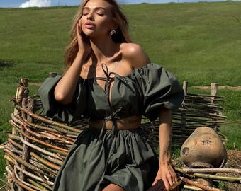 Solid Color Puff Sleeve Two Piece Set Off Shoulder Crop Top and Skirt for Women Summer Vacation Outfit Picnic or Garden Party Look