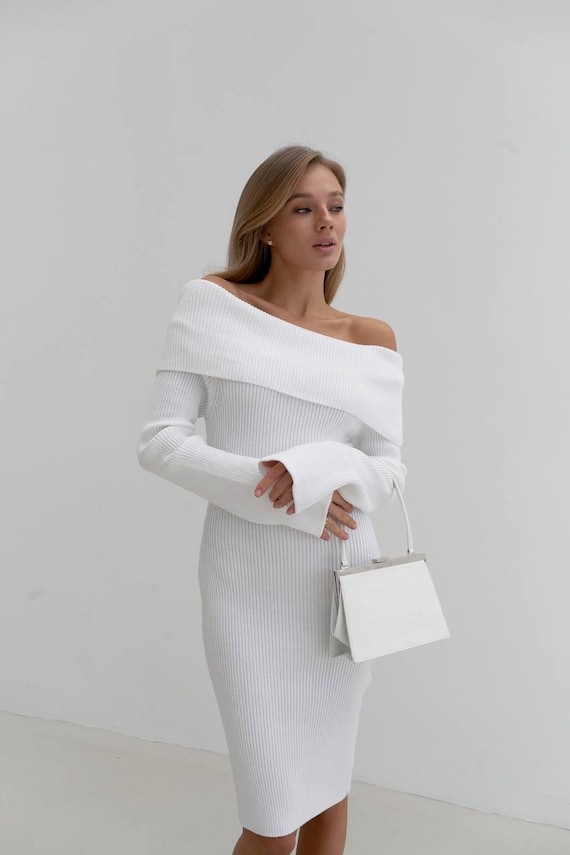 structured knit dress ASOS Design Knit Structured Mini Dress in cream-White