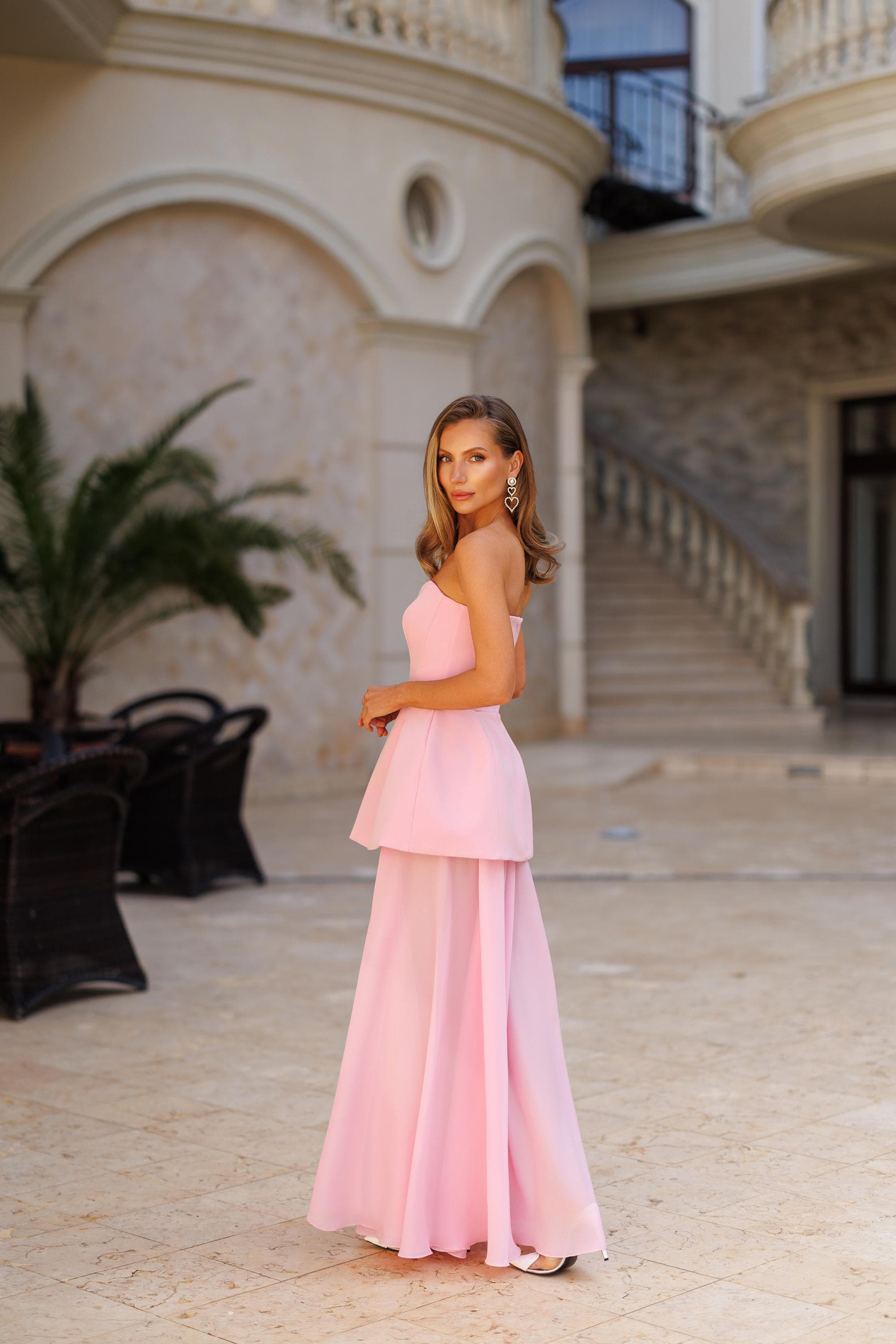 Strapless Peplum Gown: Pink Chiffon Formal Dress
