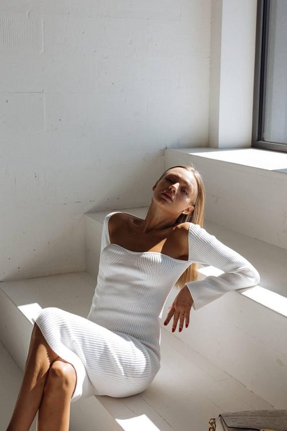 White Knit Midi Dress: off Shoulder Long Sleeve Bodycon Cotton - Etsy Israel