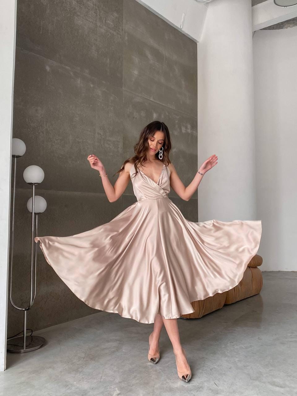 Beige Satin Midi Dress: Adjustable Straps