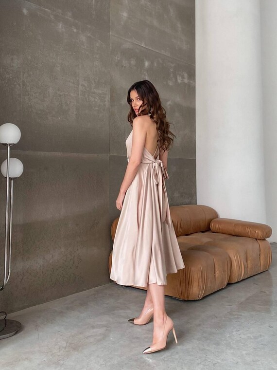 Beige Satin Midi Dress: Adjustable Straps, Full Circle Skirt