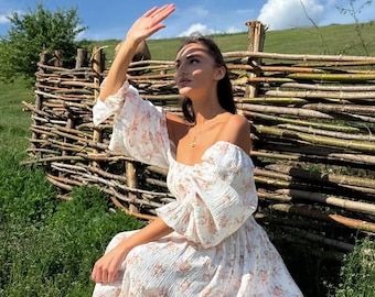 Boho Floral Muslin Maxi Dress: Off-Shoulder Cottagecore Summer Outfit
