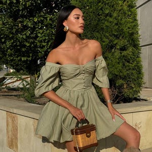 Romantic Off Shoulder Corset Dress Cottagecore Linen Mini Dress with Puffy Sleeves Summer Party Outfit for Women Boho Wedding Guest Dress