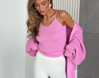 Strickjacke Tank Top Set: Viscose Cotton Blend Lounge Wear
