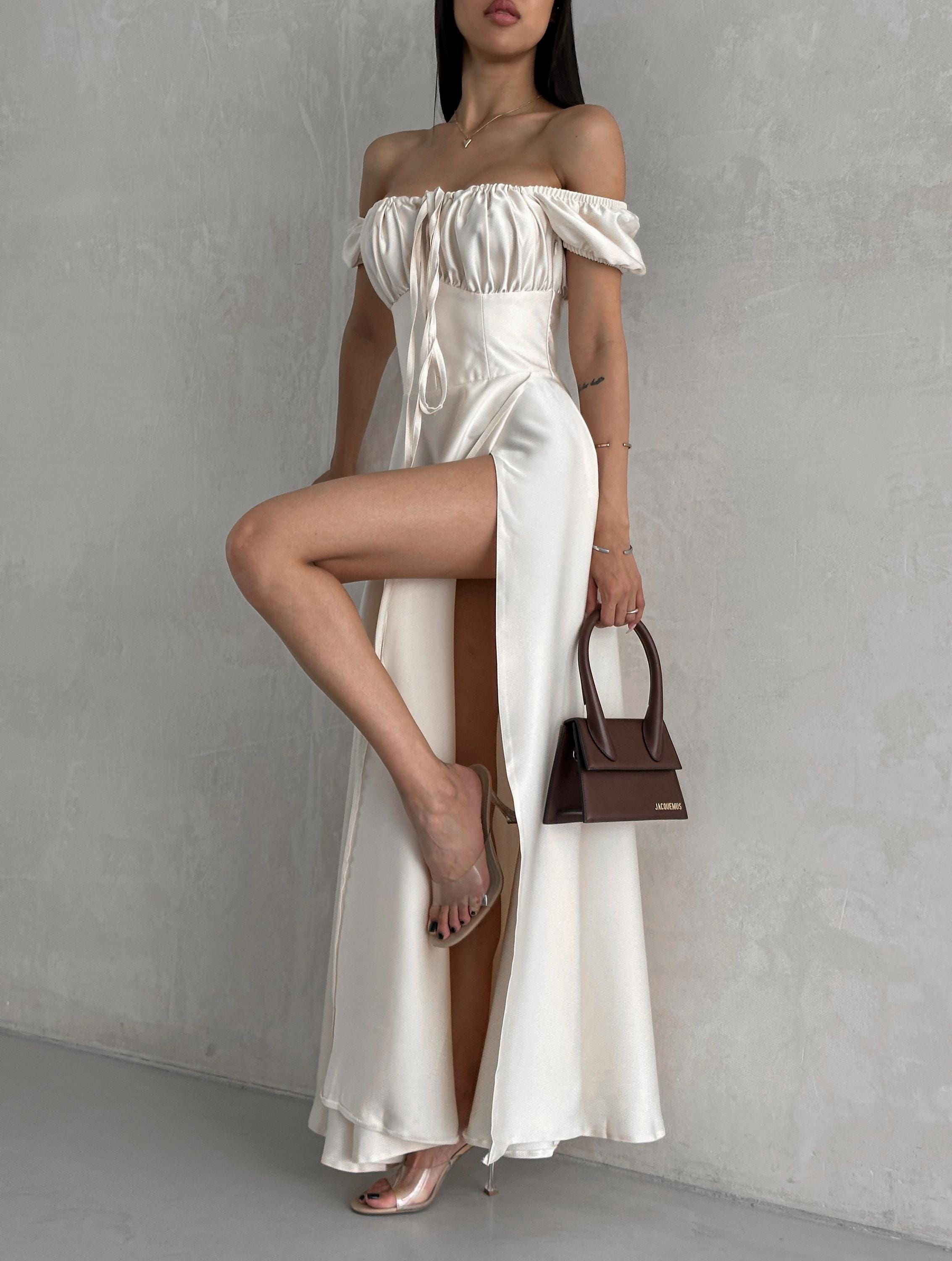 Ivory Satin Maxi Dress: Off-Shoulder Bridal Gown with Slit