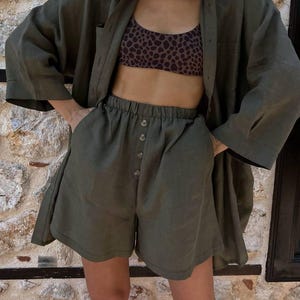 Linen Two Piece Set Women Oversized Shirt and High Waist Shorts Summer Beach Outfit Vacation Co-ord Set Lightweight Loungewear Khaki White