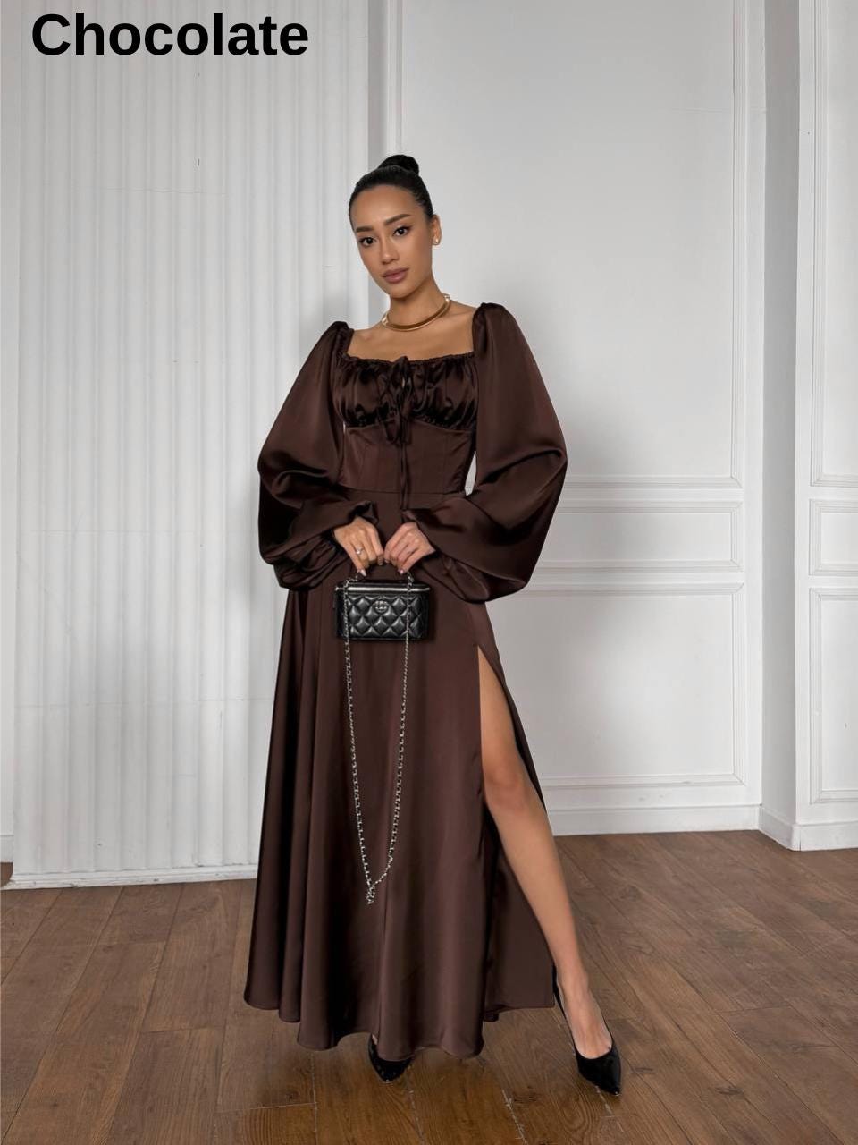 long sleeve satin corset dress Amazon.com: Silk Bustier Corset Dress - Midi Long Satin Dress with Low Cut Long Sleeves