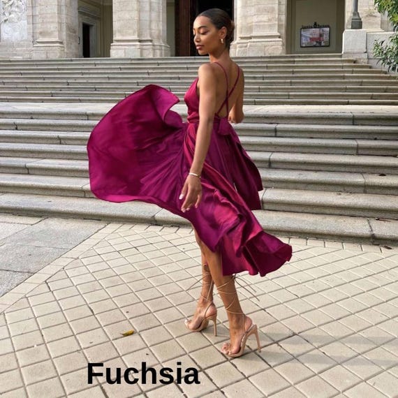 Satin Wrap Midi Dress: Elegant Spaghetti Strap Gown, Wedding Guest & Bridesmaid