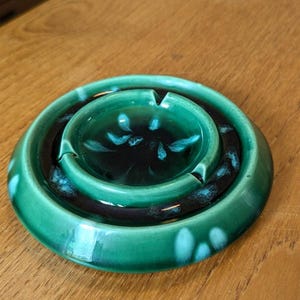 Vintage Drip Glaze Ashtray Green And Blue Round Mid-century Boho EUC