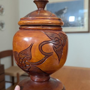 Vintage Turned Wood Lidded Pedestal Jar with Carved Flowers 1970s Decor