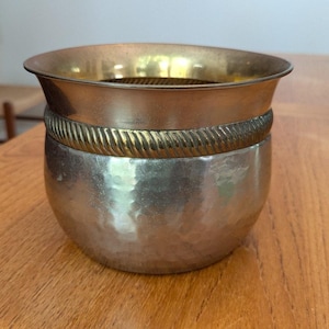 Vintage Brass Two Tone Metal Planter Cache Pot with Rope Detail Made in India