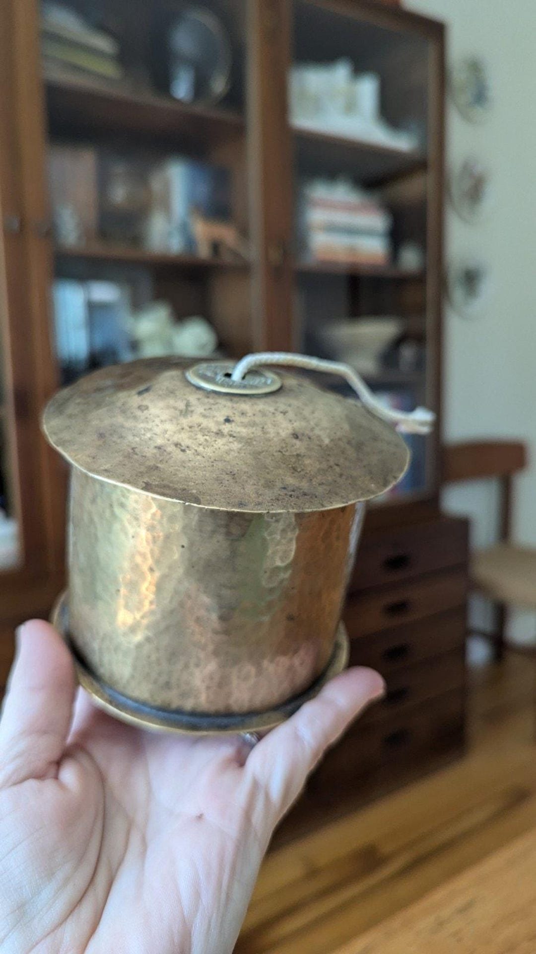 Vintage Brass String Holder With Coin - Lidded Container for Kitchen ...