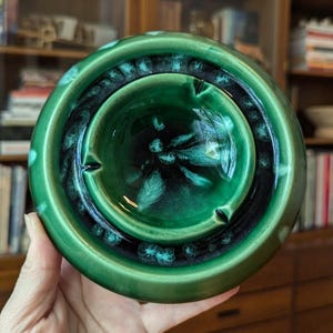 Vintage MCM Drip Glaze Round Ashtray Green And Blue 6&quot; Mid-century Design