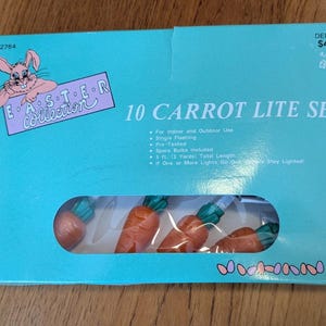 May include: A teal box with the text "Easter Collection" and "10 Carrot Lite Set." The box features a cartoon bunny and a clear window displaying orange carrot-shaped lights with green stems. The total length is 5 ft.