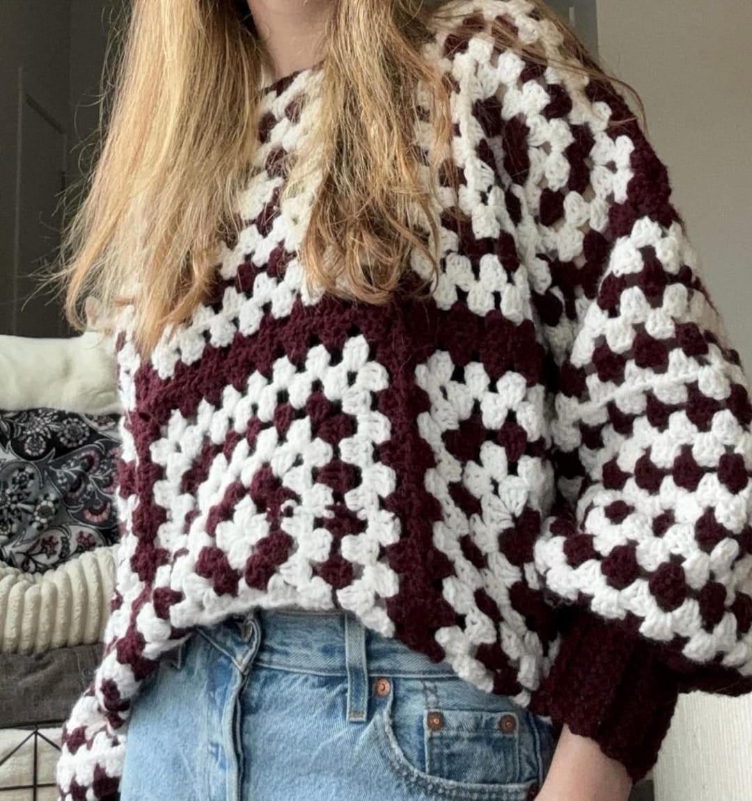 BiBi Granny Square Short Sleeve Striped Sweater