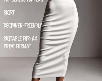 Knit Pencil Skirt Sewing Pattern – PDF Digital Download – High Waist Slim Fit Skirt with Slit – DIY Midi Skirt for Stretch Fabric